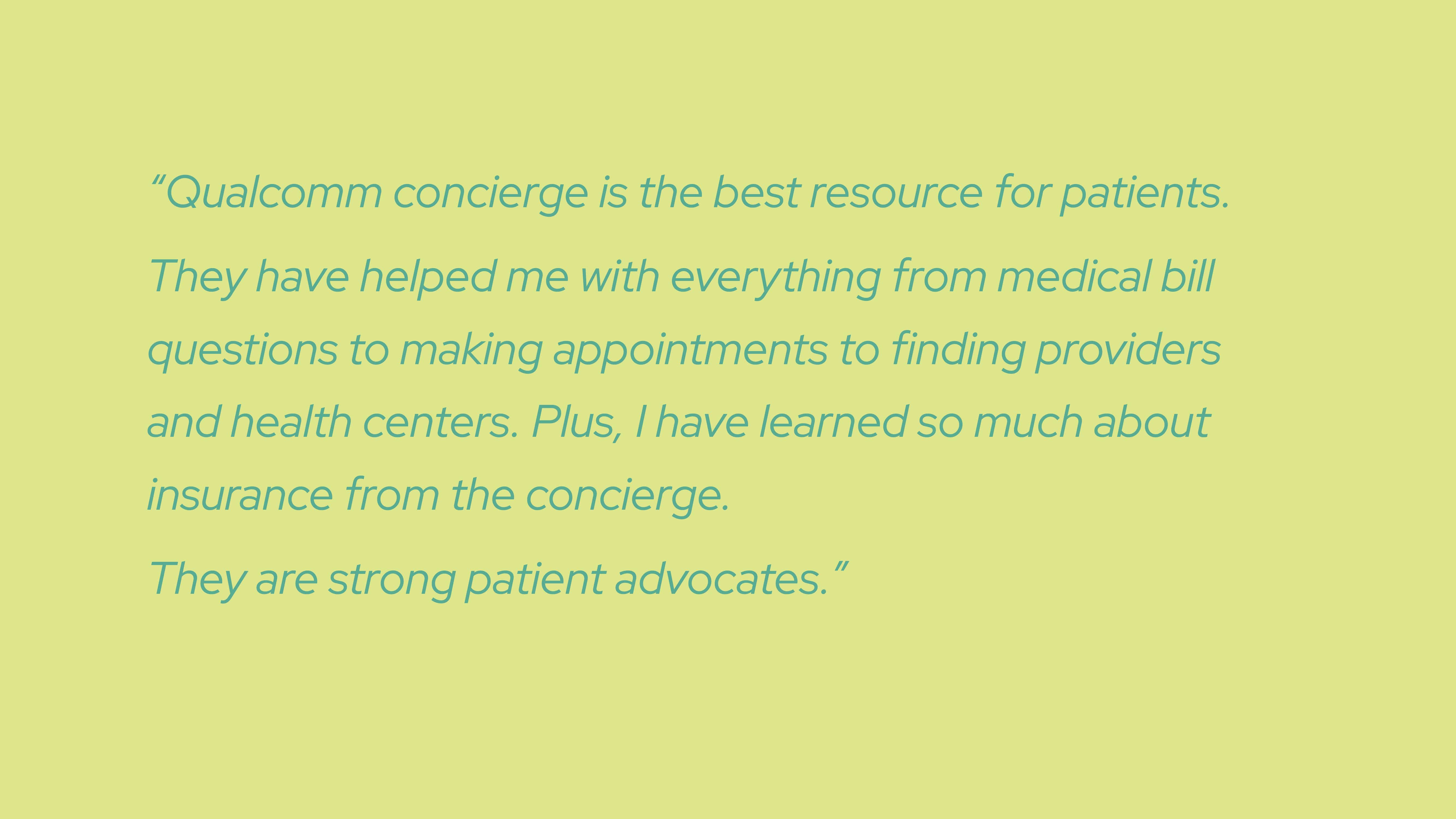 A Qualcomm member testimonial quote on a green background.