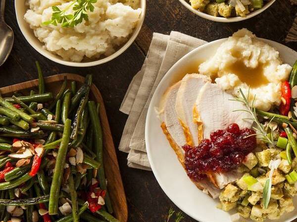 Plate of turkey, mashed potatoes and stuffing